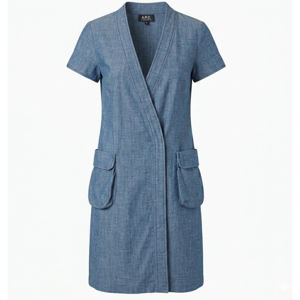 A.P.C. Chambray Wrap Dress Blue Short Sleeve Pockets Knee Length V Neckโ S
